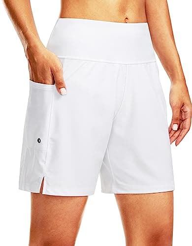 G Gradual Women's 7" Long Swim Board Shorts High Waisted Quick Dry Beach Swimming Shorts for Women with Liner Pockets(White,L) - Image 1