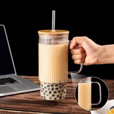 32oz Ribbed Glass Cup with Handle Bamboo Lid and Straw, Glass Tumbler, Iced Coffee Cups Hot/Cold Drinks - Image 5