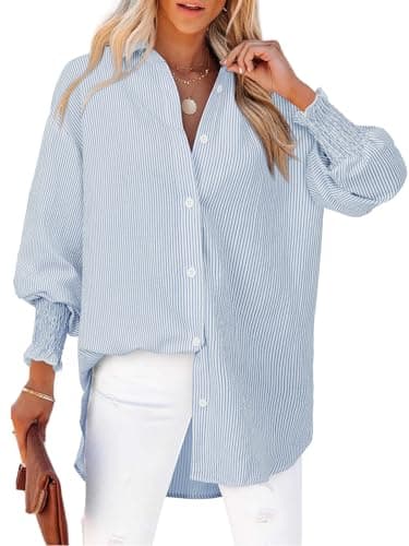 Blue Striped Button Down Shirt Women Smocked Oversized Y2k Button Down Shirts Boyfriends Casual Loose Puff Long Sleeve Business Work Tunic Top for Leggings Wrinkle Free Interview Tops Office - Image 1