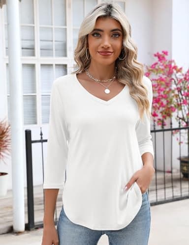 KTILG Women's V Neck Long Sleeve T Shirt White Shirts for Women Dressy Casual Solid Tunic Tops Basic Tees Spring M - Image 2