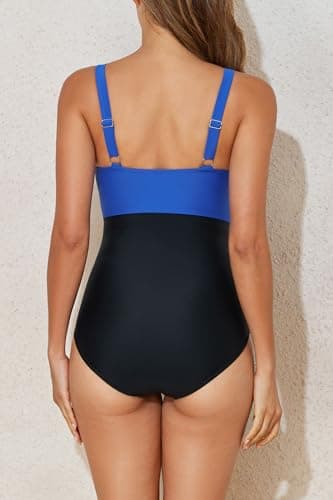 Smismivo Tummy Control Swimsuits for Women Slimming One Piece Bathing Suit Modest Padded Ruched Push Up Long Torso Curvy Shapewear V Neck Criss Cross Full Coverage Swimwear (Roya Blue Black) - Image 2