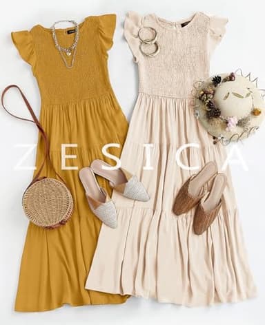 ZESICA Women's 2025 Summer Casual Flutter Short Sleeve Crew Neck Smocked Elastic Waist Tiered Midi Dress,Apricot,Medium - Image 8