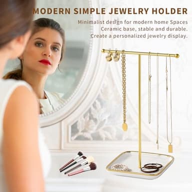 Leijosya modern T-shaped jewelry rack, jewelry tower, gold metal, square ceramic base decoration display tower, necklace, bracelet, ring storage rack (1Tiers) - Image 2