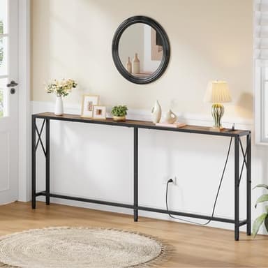 Gewudraw 70 in Skinny Sofa Table Behind Couch, Console Table with Oulets & USB Ports for Hallway, Entryway,Living Room, Bedroom, Rustic Brown - Image 2