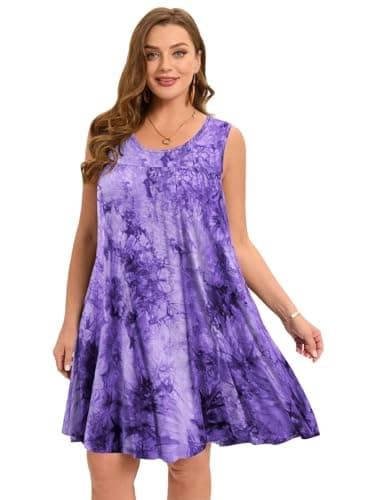 BELAROI Women Plus Size Summer Dresses Beach Sundress Casual Swing Scoop Neck Pleated Sleeveless Tshirt Tank Dress Tie Dye Swimsuit Cover Ups with Pockets(2X, B-Purple) - Image 2
