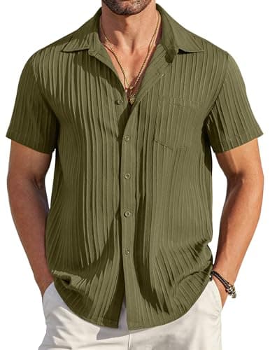 COOFANDY Mens Summer Shirts Short Sleeve Casual Linen Shirts for Men Hawaiian Beach Shirt Army Green - Image 1