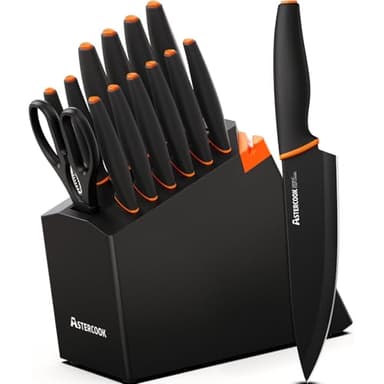 Knife Set, Astercook 15 Pcs Dishwasher Safe Kitchen Knife Set with Built-in Sharpener, High Carbon German Stainless Steel Black Knife Block Set - Image 1