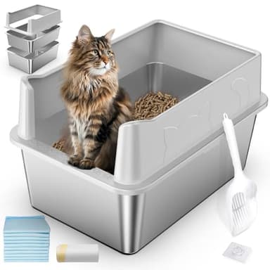 Stainless Steel Sifting Litter Box, 23.6" L x 15.7" W x 13" High Sided Metal Sifting Cat Litter Box for Pine Pellets, Enclosed Sifting Box with Lid, Anti-Leakage, Easy Clean for Big and Multiple Cats - Image 1