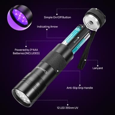 UV Flashlight Black Light, Consciot 12 LED 395nm Ultraviolet Blacklight, Portable Mini Torch Light Pet Urine Detector for Dog/Cat Urine, Dry Stains, Bed Bug, Matching with Pet Odor Eliminator - Image 2