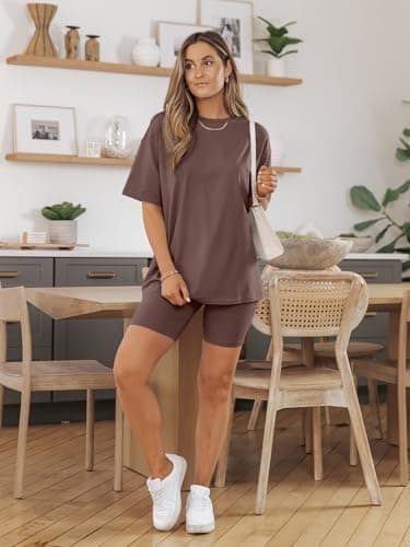 AUTOMET Plus Size Womens Clothing Summer Fahsion Two Piece Sets Summer Outfits 2025 2 Piece Lounge Set Matching Clothing Oversized Tshirts Biker Short Fashion Brown XXL - Image 2