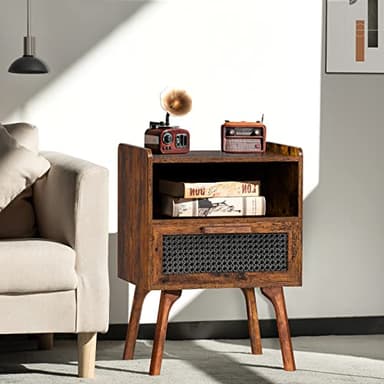 Lerliuo Rattan Nightstand, Boho Side Table with Drawer Open Shelf, Cane Accent Bedside End Table with Solid Wood Legs for Bedroom, Dorm and Small Spaces (Brown) - Image 4
