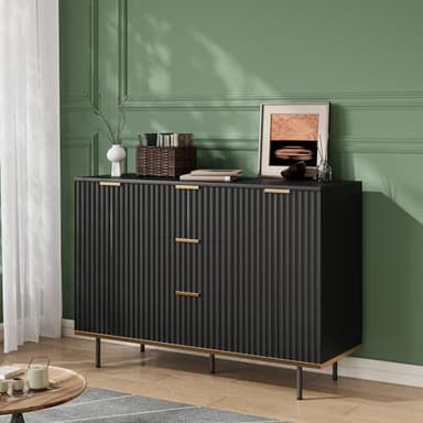 Buffets & Sideboards, Fluted Sideboard Cabinet, 2 Door 3 Drawer Design, Acceent Black Sideboard - Elegant Cabinet Ideal for Dining Room and Kitchen Storage 47.2 inch - Image 4