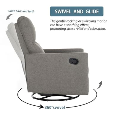 Ketaiyou Swivel Rocking Recliner Chair for Adults, Rocker Nursery Glider Chair for Living Room Bedroom, Upholstered Fabric Reclining Single Sofa Chair(Grey) - Image 3