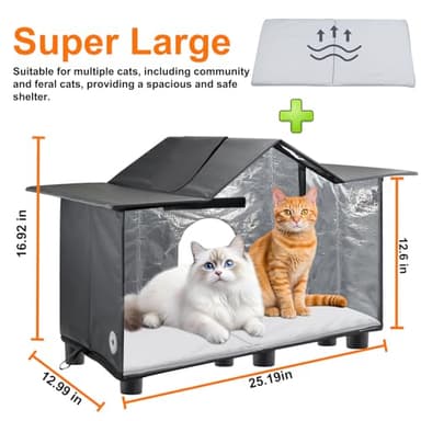 Texsens Outdoor Cat House - Weatherproof Large Cat Shelter for Outside with Roof Window- Insulated Elevated House for Stray/Barn Cats with Cozy Cushion - Ideal Waterproof Feral Cat House - Image 2