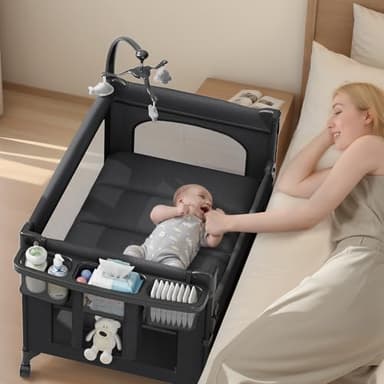 TinyGlow 4 in 1 Baby Bassinet, Pack and Play, Bedside Crib Sleeper, Diaper Changer, Quickly Assembled and Folded Portable Crib with Mattress and Mosquito Net, Easy to Carry - Image 2