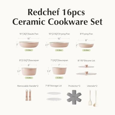 Redchef Pans and Pots Set Nonstick, Ceramic Cookware Set with Detachable Handles 16Pcs, Induction Dishwasher Oven Safe Kitchen Cooking Set, PFAS PFOA & PTFE Free, Pink - Image 8