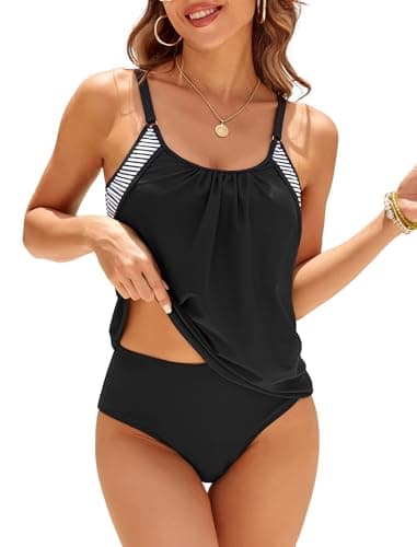 ZAFUL Two Piece Tankini Swimsuit for Women High Waisted Tummy Control Bathing Suit Double Up Tankini Set Black XXL - Image 1