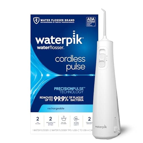 Waterpik Cordless Pulse Rechargeable Portable Water Flosser for Teeth, Gums, Braces Care and Travel with 2 Flossing Tips, Waterproof, ADA Accepted, WF-20 White, Packaging May Vary - Image 1