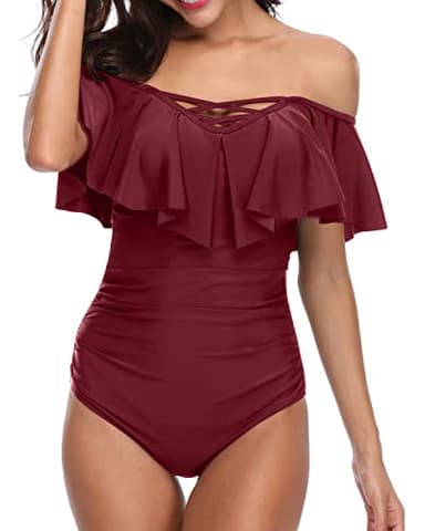 Holipick Wine Red Women Strapless One Piece Swimsuits Tummy Control Bathing Suit Ruffle Off Shoulder Swimwear with Sleeves Small - Image 4