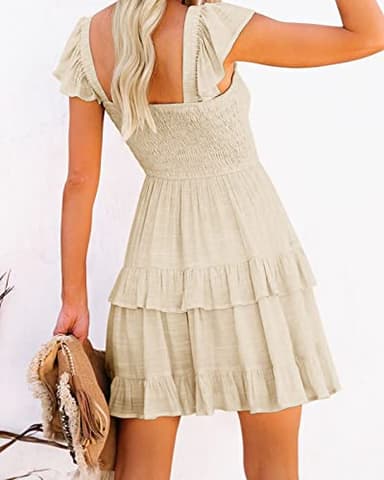 Fessceruna Ruffle Mini Dresses for Womens Layered Elegant Flare Drape A-line Swing Flowy Midi Dress Summer A-Beige - Image 3