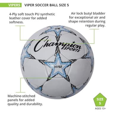 Champion Sports Viper Soccer Ball, Size 5 – Soft Touch TPU Cover, Airlock Bladder – Ages 12 & Up – Blue/Black/White - Image 4