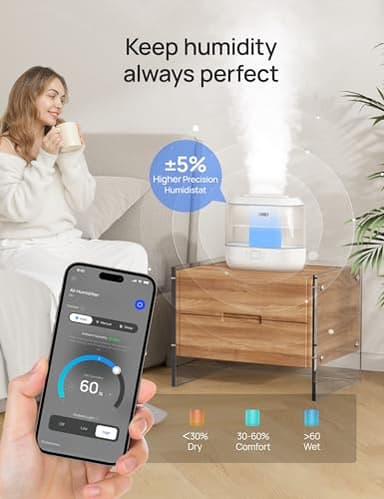 Dreo Smart Humidifier, Cool Mist Humidifiers for Bedroom, Quiet 4L Top Fill Ultrasonic Humidifiers for Home Office Plant & Baby with Nightlight, LED Display, 36H Runtime, APP/Voice Control, HM311S - Image 2