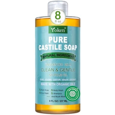 Yoken Pure Castile Liquid Soap Organic (EWG Verified, Unscented, 8 OZ), Made with Organic Oils, No Added Fragrance, Vegan, Castile Soap Liquid for Face, Laundry, Dishes, Sensitive Skin, Travel Soap - Image 1