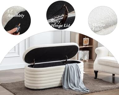 DM Furniture Storage Teddy Ottoman Bench Upholstered Fabric Storage Bench End of Bed Stool with Safety Hinge for Bedroom, Living Room, Entryway, Closet(44.5", White) - Image 6