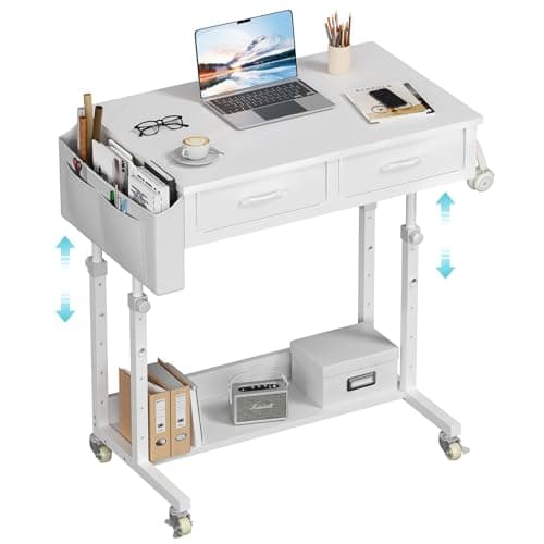 Small White Portable Rolling Desk - 32 Inch Adjustable Mobile Standing Teacher Desks with 2 Fabric Drawers on Wheels, Couch Sofa Side Laptop Table with Storage for Bedroom Home Office, White - Image 1