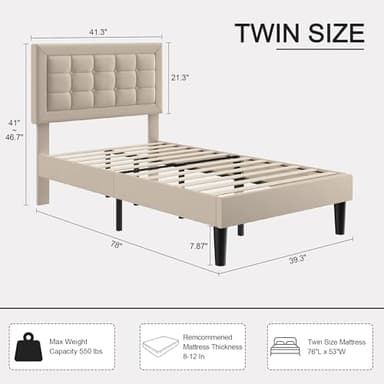 VECELO Twin Size Bed Frame with Adjustable Headboard, Upholstered Button Tufted Platform Bedframe with Wood Slats Support, No Box Spring Needed, Beige - Image 2
