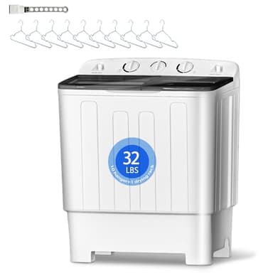 Stopsad Portable Mini Twin Tub 32Lbs Washing Machine with Drying Rack and 10 Hangers, Washer(20Lbs) and Spinner(12Lbs), Compact Laundry Washer for Apartments, Dorms(Black) - Image 1