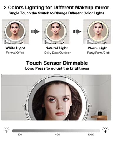 Rechargeable Lighted Wall Mounted Makeup Mirror, 8" Double-Sided 1X/10X Magnifying Bathroom Mirror with 3 Color Lighting, Touch Screen Dimmable 360°Swivel 13 Inch Extendable Chrome Vanity Mirror - Image 3