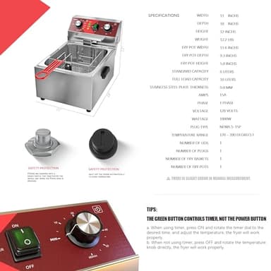 EGGKITPO Electric Deep fryer Single Tank Deep Fryer with Basket Capacity 10L(10.5QT) Electric Countertop Fryers with 60 Minute Timer for Home Kitchen and Restaurant, 1800 Watts, 120V - Image 2