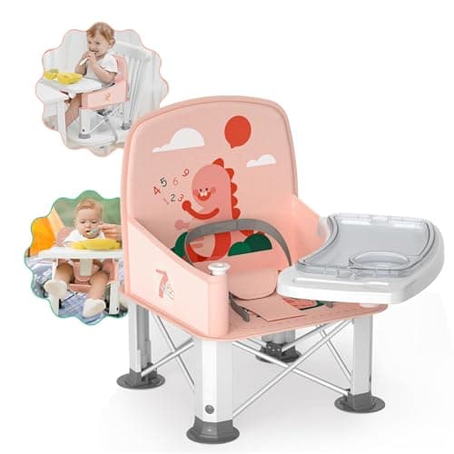 Baby Travel Booster Seat with Double Tray, BabyBond Upgraded Toddler Portable Baby Chair, Booster Seat for Dining Table, Stable and Foldable Booster Baby Chair for Indoor/Outdoor (Pink Dinosaur) - Image 1