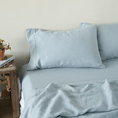 Simple&Opulence 100% Pure Linen Sheet Set Queen Size, Natural French Flax Solid Color 4 Pcs Washed Breathable, Farmhouse Bedding (1 Flat Sheet,1 Fitted Sheet,2 Pillowcases)-Embroidery Dusty Blue - Image 8