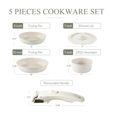 CAROTE Nonstick Cookware Sets, Non Stick Pots and Pans Set Detachable Handle, Kitchen Cookware Sets with Removable Handle, Stackable RV Cookware for Campers, Oven Safe (White 5 PCS) - Image 2