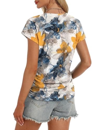 Womens Plus Size Tops Beach Vacation Clothes Spring Essentials Floral Yellow Blue XL - Image 4