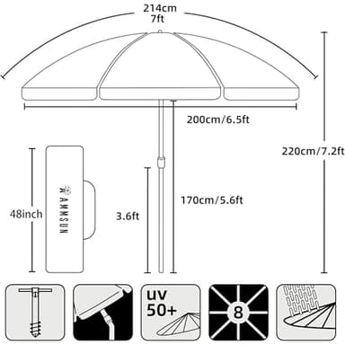 AMMSUN 7ft Heavy Duty High Wind Beach Umbrella Parasols with Sand Anchor Vent Tilt UV 50+ Sun Protection Portable Outdoor Sunshade Umbrellas Carry Bag for Patio Garden Pool Backyard Blue - Image 7