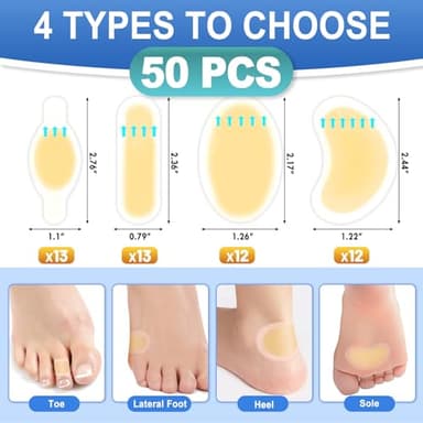 Arme Hydrocolloid Bandages, 50Pcs Gel Blister Bandages for Feet, Waterproof Blister Pads Blister Cushions for Prevention & Recovery, Blister Bandaids for Heel Foot Toe Protection(4 Shape Variety Pack) - Image 2