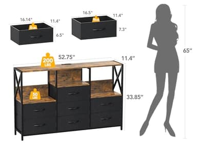 Decofy Black Dresser for Bedroom, 55 inch TV Stand with Charging Station & LED Lights, 8 Fabric Drawers with Solid Wood Top for Living Room, Closet - Image 3