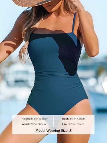 CUPSHE Women's One Piece Swimsuit Square Neck Cutout Back Tummy Control Adjustable Straps Striped Swimwear, L Dark Blue - Image 3