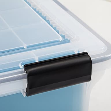 IRIS USA File Box WeatherPro File Organizer Plastic File Box for Letter/Legal File, Water Resistant Document Box, Durable Lid, Seal w/ Secure Latching Buckles, Stackable, Nestable, Clear 32 Qt. 4Pack - Image 8
