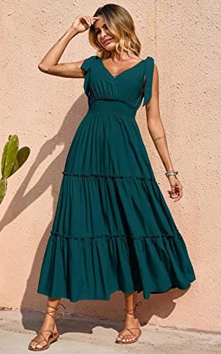 PRETTYGARDEN Women's Cross Neck Summer Sleeveless Tiered Maxi Dress Beach Tie Strap Smocked Long Dresses Pleated Sundress (Blue Green,Small) - Image 4