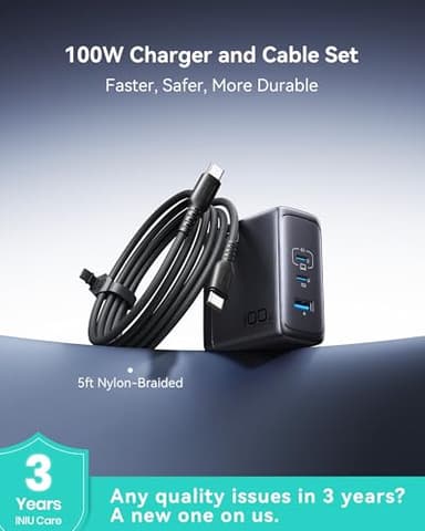 INIU USB C Charger Block, 100W 3-Port PD Fast Charging, Compact Foldable MacBook Charger with USB C Cable, GaN Tech Power Adapter for MacBook Air Pro, iPad, iPhone 17 16 Pro Max, Samsung S25 S24 etc - Image 5