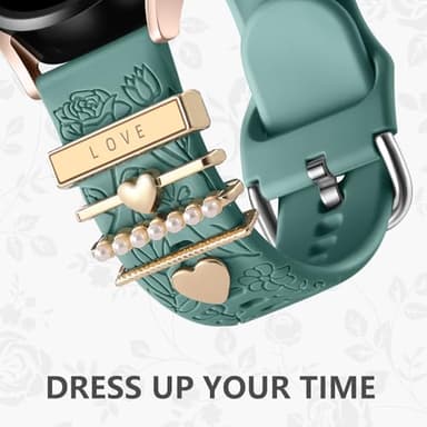 DaQin Flower Engraved Band Compatible with Samsung Galaxy Watch 7 Band/FE 6 5 4 40mm 44mm,Galaxy Active 2, 20mm Watch Band Soft Silicone Replacement Strap with Decorative Charms Accessories Women - Image 3