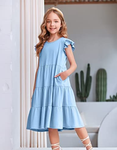 Arshiner Girls Summer Dress Ruffle Sleeve Flared Flowy Pleated Midi Cotton Casual Sundress with Pockets Light Blue 8-9 Years - Image 4
