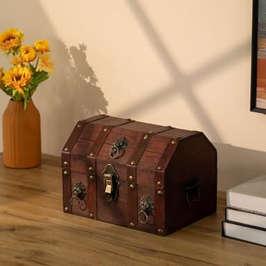 Antique Wooden Pirate Chest with Lion Rings - Image 2