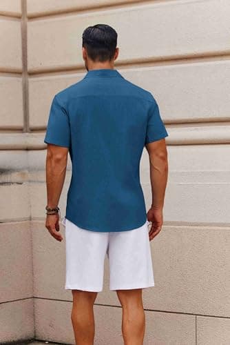 COOFANDY Shirt for Men Short Sleeve Button Down Shirt Linen Shirt with Pocket Sea Blue - Image 3