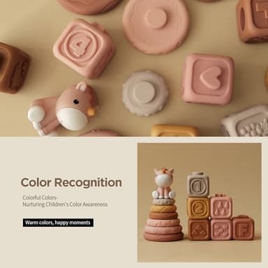 Nueplay 13 Pcs Building Circle & Blocks, Stacking & Nesting Baby Toys with Horse Figure, Newborn Essentials Squeeze Teething Toy Gifts for 6 12 18 Months Baby Toddler Girls - Image 4