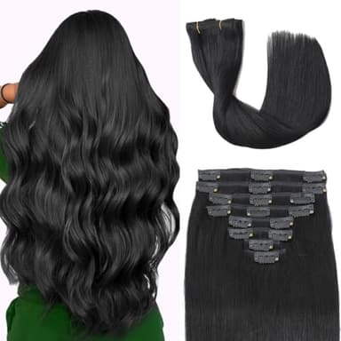 Tebelove Clip in Hair Extensions Real Human Hair 3.6oz/100g Clip ins 100% Brazilian Remy Human Hair Extension for Women 8pcs Per Set with 18 Clips Double Weft (16 Inch #1 Jet Black) - Image 1